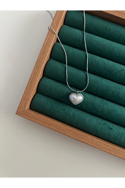 BusradanDesign Pearl Detailed Heart Silver Color Steel Necklace 45 cm - Women's Tarnish Resistant Steel Necklace - Gift Necklace - Heart Necklace