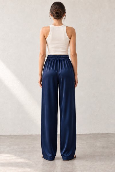 FAARKCOLLECTİON Women's Navy Blue High Waist Satin Trousers