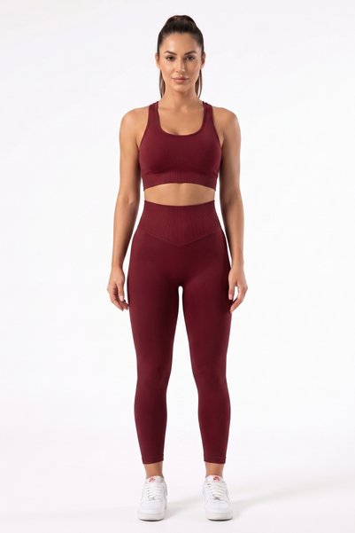 Womenmade Women's Cherry Burgundy Color Seamless Sports Bustier and Push up Gathering Sports Leggings Set