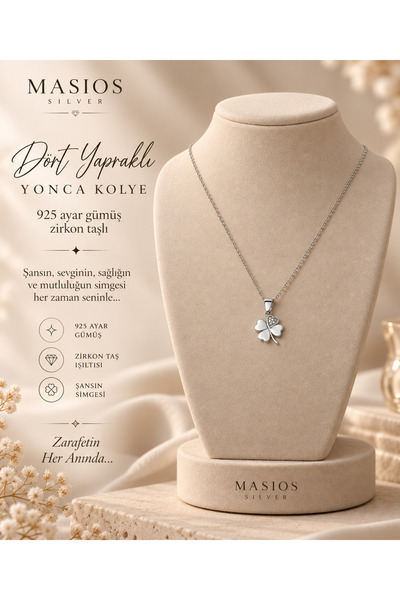 Masios Silver 925 Ayar Gümüş 4 Yapraklı Yonca Model Zirkon Taşlı Kadın Kolye