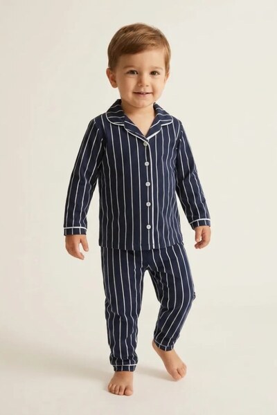 Erkek Bebek Lacivert Çizgili Yakalı Düğmeli Pijama Takımı