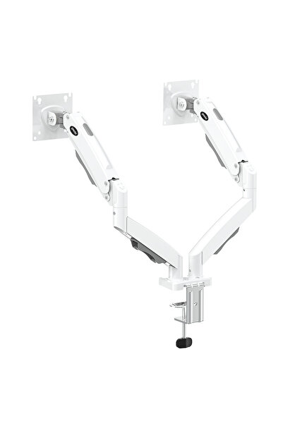 GEEDEL 17-32 İnç Amortisörlü Çift Kollu Monitör Kolu Tam Hareketli VESA Uyumlu Masa Kelepçeli Monitör Standı (2-9 kg) - Beyaz