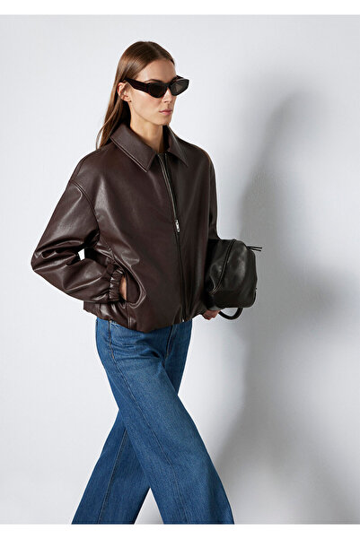 Mavi Kahverengi Suni Deri Ceket  Oversize / Geniş Kesim 1110614-88083