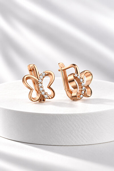 jelux silver Gümüş 925 Ayar Kelebek Desenli Rose Renkli Taşlı Çocuk Küpe