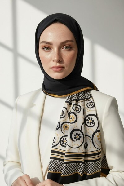 Vissona KREP KENAR MOTİFİ ÇİÇEK DESENLİ SİYAH - GOLD RENKLİ 75X195 KIRIŞMAZ ŞAL