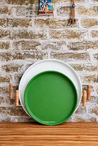 kitchen trend Set of 2 Wooden Handled 37 Cm White and 30 Cm Green Tray Tea Co...