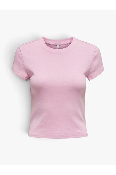 ONLY ONLELINA S/S O-NECK SHORT TOP JRS NOOS Kadın Pembe Bluz - 15320229