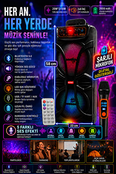 nextbuy Büyük Boy 20W*2+15W Karaoke Speaker Şarjlı 5 Ses Efektli Mikrofonlu B...