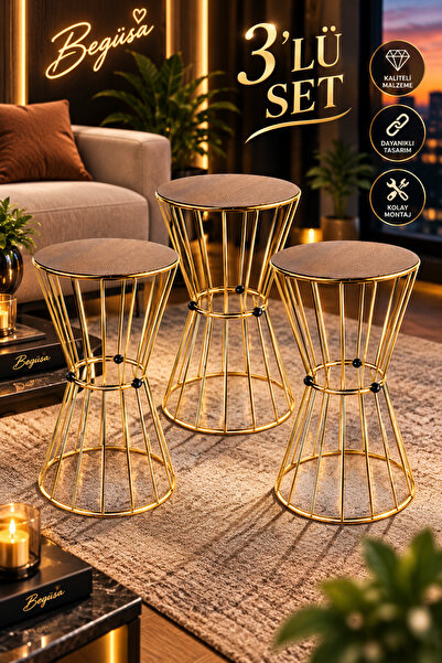 Begüsa Madrid 3'lü Set Sehpa Gold Kaplama Ceviz Ahşap, Modern Zigon Sehpa, De...