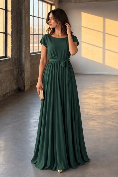 Modafeminen Emerald Pleated Maxi Belted Dress 582931