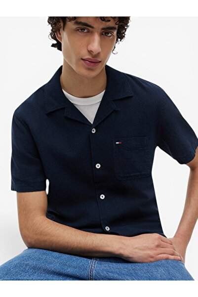 Tommy Hilfiger TJM REG LINEN BLEND CAMP SS EXT Erkek Mavi KK Gömlek - DM0DM23058