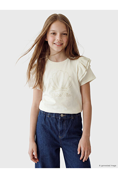 LC Waikiki Two Mt Shop Quality Lcw Kids Ecru Oval Collar Beaded Girls' T-Shirt