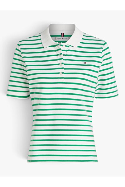 Tommy Hilfiger Kadın Th 1985 Pique Çizgili Polo T-Shirt - Yeşil