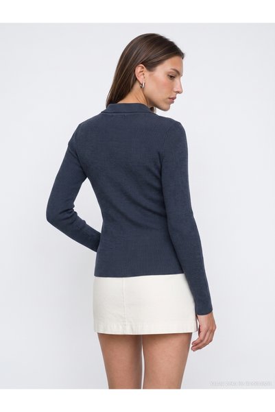 Dilvin 10686 Stand Collar Snap Fastener Sweater-Indigo
