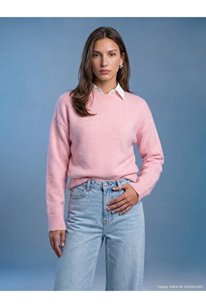 Dilvin 10640 Bisiklet Yaka Yumuşak Dokulu Triko Kazak-Pembe