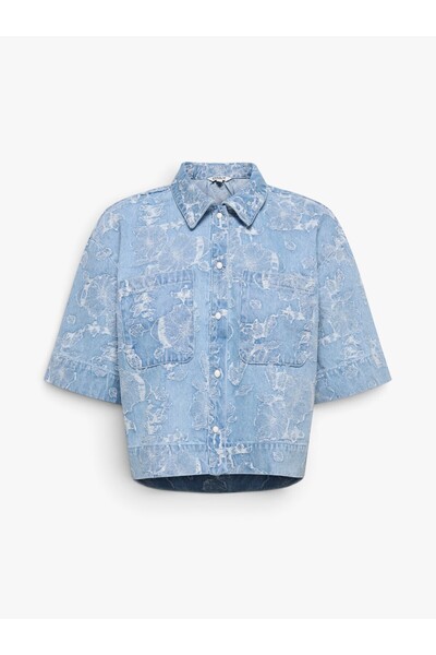 ONLY ONLCLEO-AUDE SS JAQUARD DNM SHIRT QYT Kadın Mavi Gömlek - 15374845