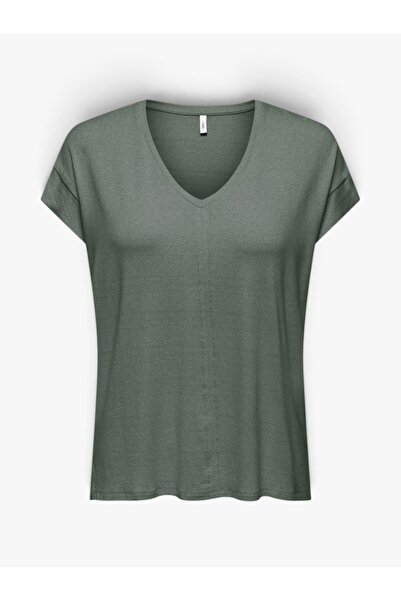 ONLY ONLCARRIE S/S STITCH GLITTER TOP JRS Kadın Yeşil T-Shirt - 15369279