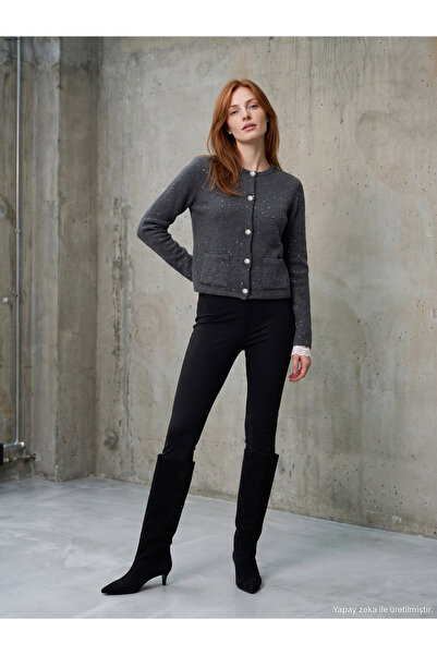 Dilvin 60935 Crew Neck Sequined Glitter Buttoned Knitwear Cardigan-Smoked