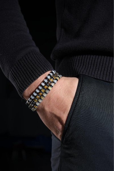 Ssilhoutte Doğaltaş Certified Agate Stone Tiger's Eye Pink Quartz Hematite Stone Natural Stone Combination Gift Men's Bracelet