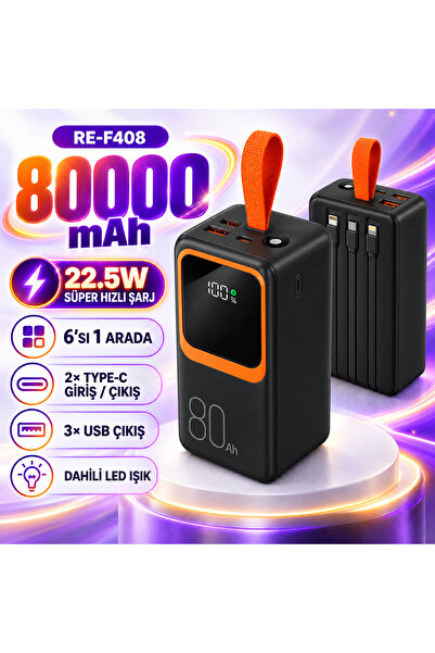 PİYATECH 80000 mAh 22.5W Hızlı Şarj Powerbank 6 Çıkışlı Dahili 3 Kablolu LED ...