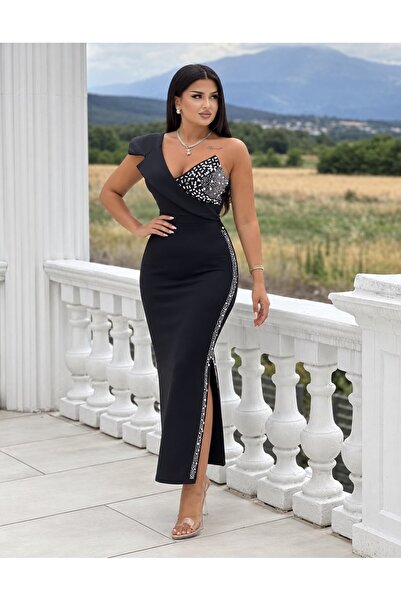 Modafeminen Black One-Shoulder Stone Embellished Slit Evening Dress 583240