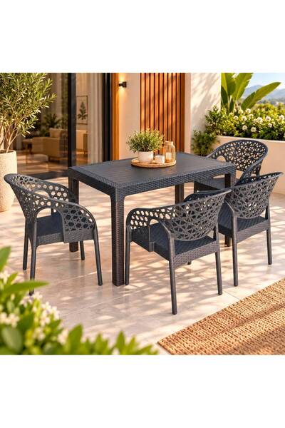 ZİYNET HOME 4 Kişilik Antrasit Bahçe Masa Takımı 70x120 cm Rattan Görünümlü B...