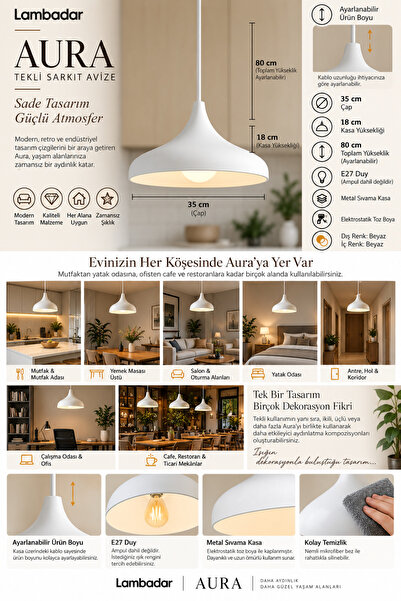 Lambadar Aura Metal Tekli Beyaz Sarkıt Avize 35 cm E27 Modern Retro Rustik Endüstriyel Mutfak Avizesi Salon Yemek Masası Üstü Cafe Dekoratif Aydınlatma