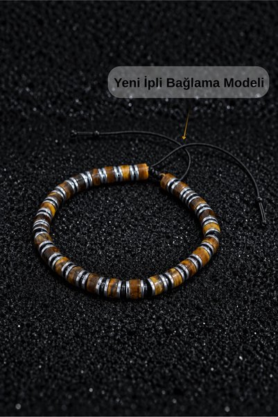 Ssilhoutte Doğaltaş Strong and Stylish Men's Natural Stone Bracelet, Certified Tiger Eye Stone and Hematite, Gift Bracelet