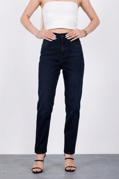 HLT JEANS Lacivert Kadın Mom Jean Yüksek Bel Likralı Esnek Kot Pantolon ANNA-...