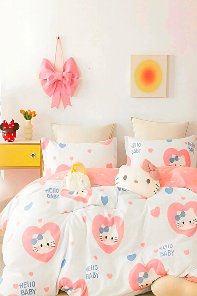 İQON Fitted Sheet Duvet Cover Set Single Hello Kitty White