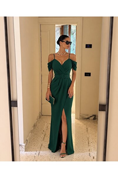 Modafeminen Φόρεμα με χαμηλό σκίσιμο ώμου και ζώνη 582134 Emerald
