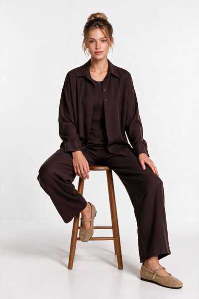 Lovelyİstanbul 3-Piece Shirt Blouse Trousers Gabardine Set Lby0071 Brown