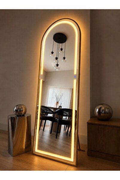 EFFE YAPI DEKOR Ledli Gold Metal Çerçeveli 180x60 Cm Ayaklı Boy Aynası