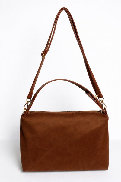 JUST WOMAN Women's Brown Suede Handbag Shoulder Medium Size Bowling Bag