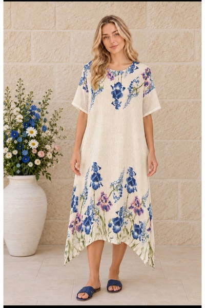 MARWARİ OTANTİK BUTİK İtalyan Ham Keten Desenli Oversize Elbise 42-52
