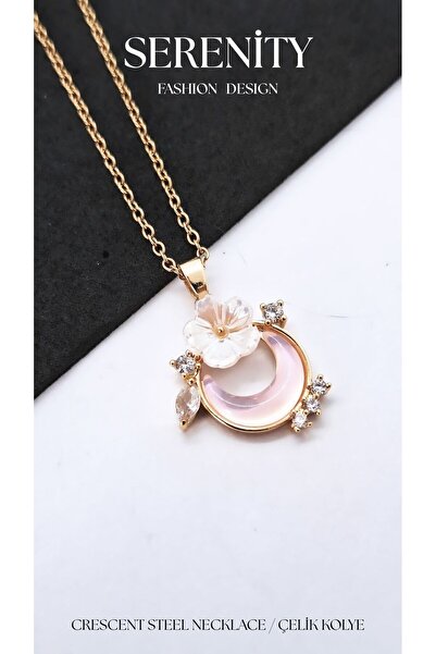 Serenity White Flower Steel Necklace with Pink Crescent Figure