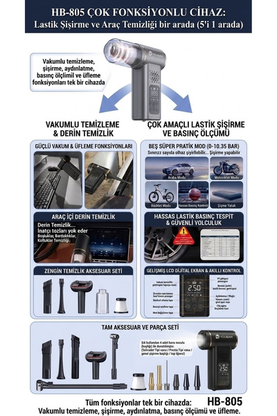 Youban HB-805 Çok Fonksiyonlu Taşınabilir Araç Pompası Şişirme,Süpürme Vakuml...