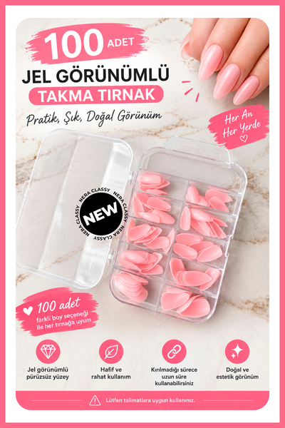 Nera Classy Pembe Badem 100’lü, Takma Tırnak Seti, Badem Protez Takma Tırnak