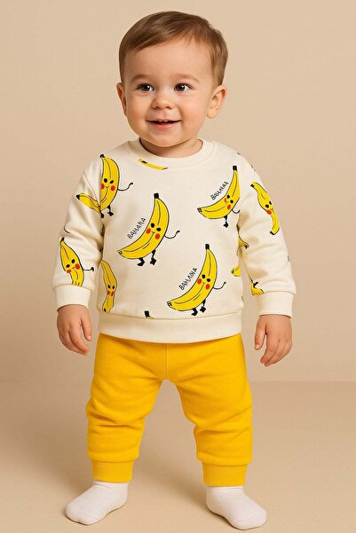 dinamik çocuk Muz Banana Baskılı Bebek Takımı Mevsimlik 2li Alt Üst Unısex Ay...