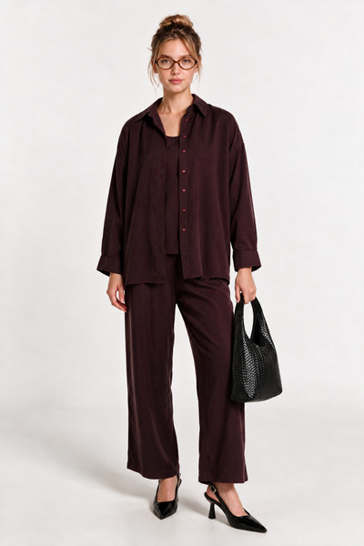 Lovelyİstanbul 3-Piece Shirt Blouse Trousers Gabardine Set Lby0071 Mürdüm