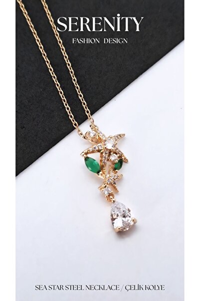 Serenity Green Leaf Starfish Zircon Stone Steel Necklace