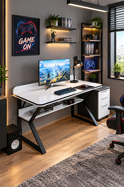 Evdemo Pulsar Oyuncu Masası Çalışma Ofis Masası Gaming Masa Beyaz