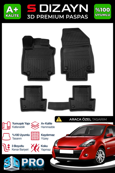 S Dizayn S-Dizayn Renault Clio 3 3D Pro Havuzlu Paspas 2005-2012 A+ Kalite 3D...