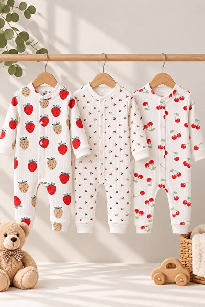 Zıbzıb baby %100 Pamuk Çilek Kiraz Desenli 3'lü Yenidoğan Çıtçıtlı Bebek Tulu...