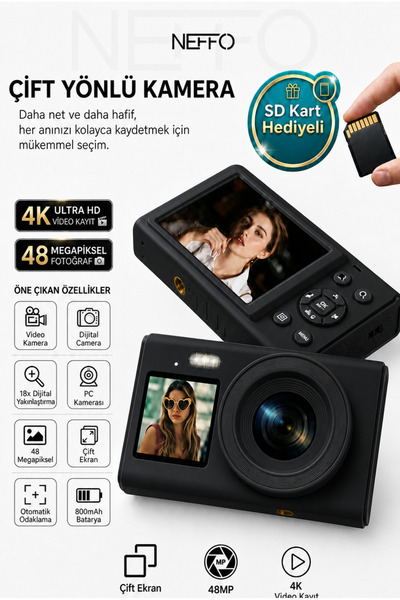 NEFFO 4K Dijital Retro Video Kamera 48MP Flaşlı Kart Dijital Vlog Fotoğraf Ma...