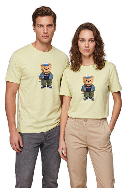 DK DAKSEL Unisex White Teddy Bear Printed 100% Cotton Oversize Crew Neck T-Shirt