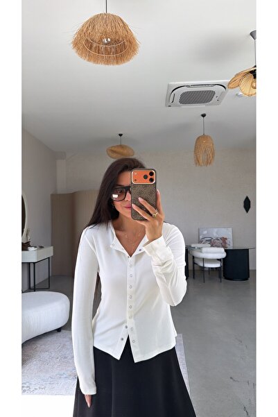 Buket Teke Ekru Tam Boy Çıtçıt Modal Bluz