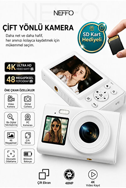NEFFO 4K Dijital Retro Video Kamera 48MP Flaşlı Kart Dijital Vlog Fotoğraf Ma...