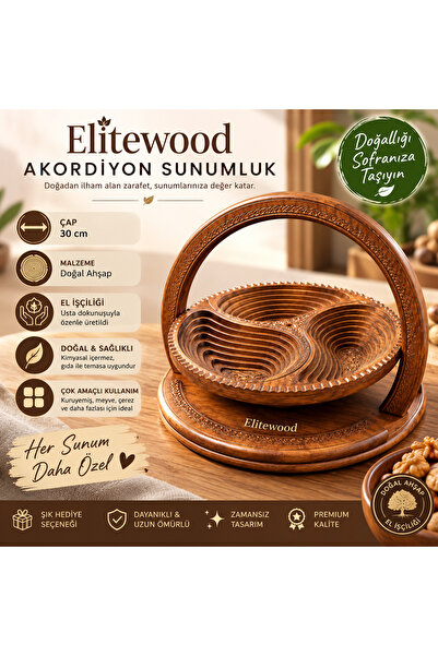 ELİTEVOOD Ahşap Akordiyon Çerezlik Dekoratif Sunumluk 30 cm