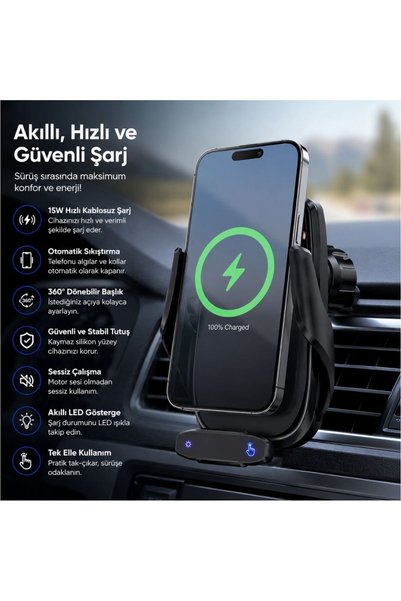 Winex Mobile Winex Q9 15W Sensörlü Araç İçi Kablosuz Hızlı Şarj Aleti ve Telefon Tutucu